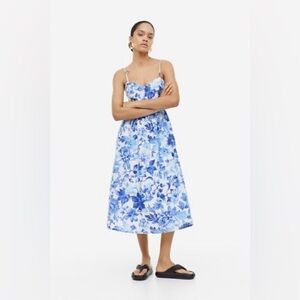 H&M Floral Blue Linen Blend Midi Dress